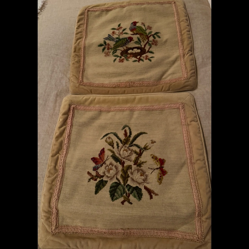 Beautiful Custom Botanical Needlepoint & Velvet Pillow Shams